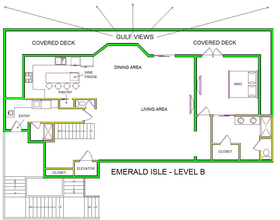 A level B layout view of Sand `N Sea’s beachfront vacation rental in Galveston named Emerald Isle